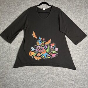 Vintage Sabaku Tunic Top Size Medium Floral Butterflies V‎ Neck Black